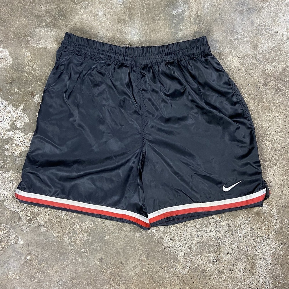 Vintage 90s Nike Nylon Shorts Youth Size Medium Black Drawstring Swoosh Logo‎